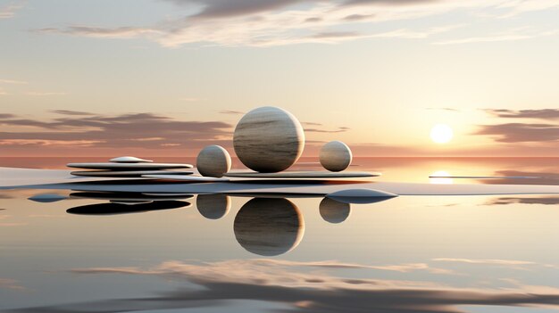 there are three rocks on the water with a sunset in the background generative ai