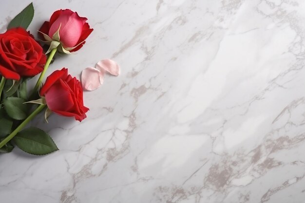 There are three roses on a marble table with petals generative ai