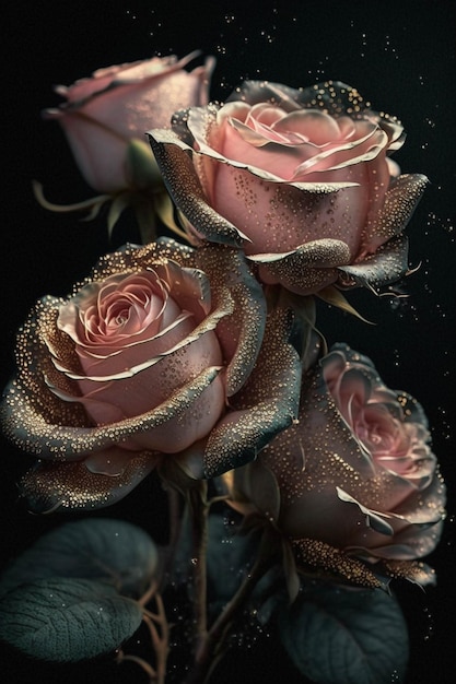 There are three roses that are in the picture with gold glitter generative ai