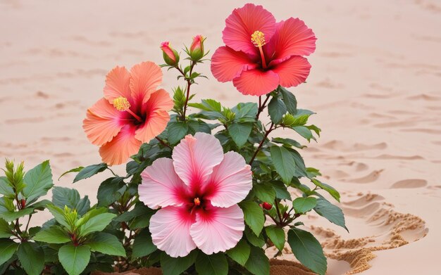 There are three roses that are sitting on the sand