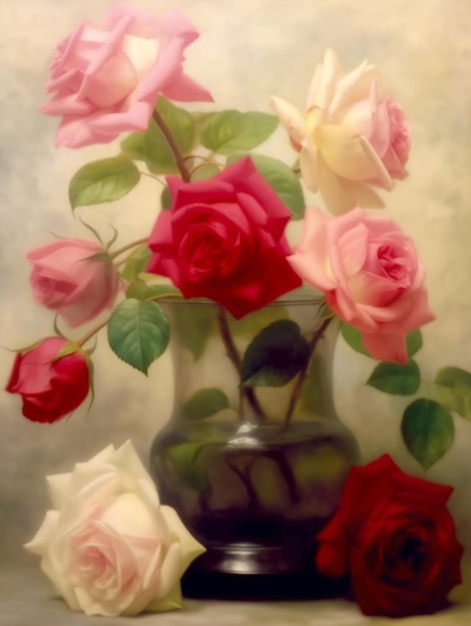 there are three roses in a vase with water on the table generative ai