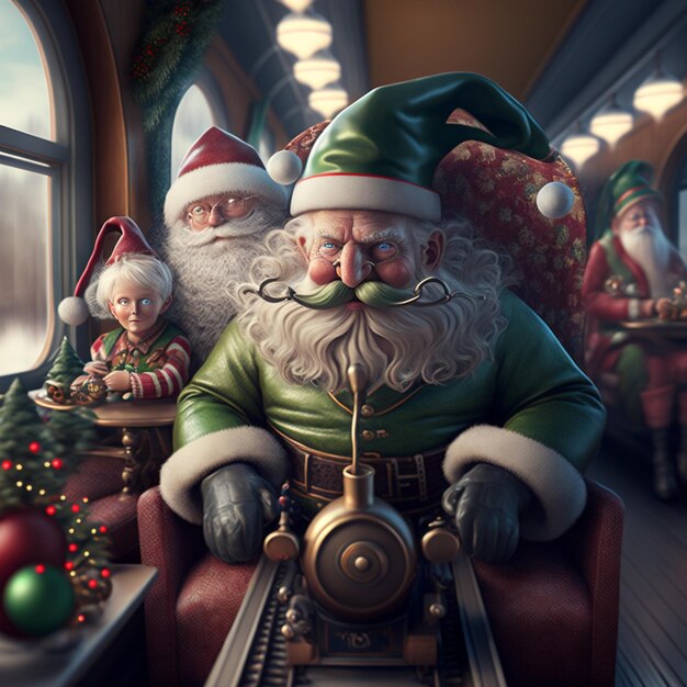 Photo there are three santas sitting on a train with a train car generative ai