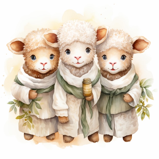 Фото Есть три овцы, одетые в халат и держащие бутылку генеративной ай
