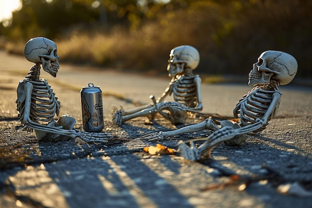 Фото На земле сидят три скелета с банку соды.