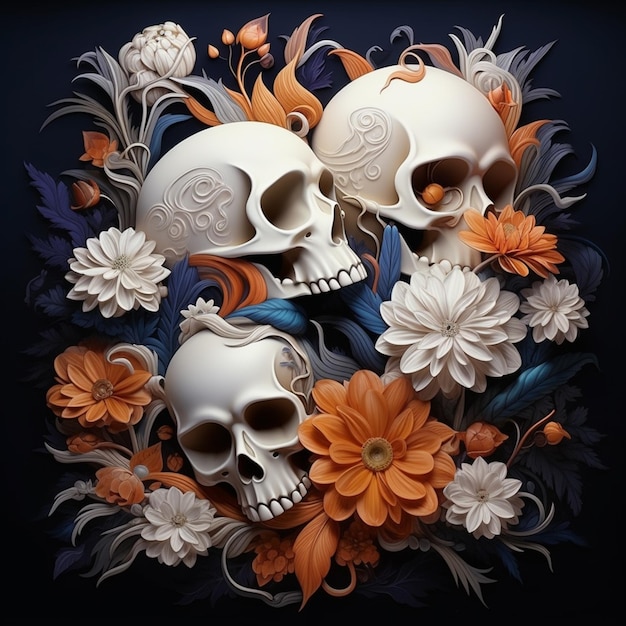 there are three skulls and flowers in a circle on a black background generative ai