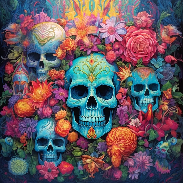 There are three skulls and flowers in a colorful painting generative ai