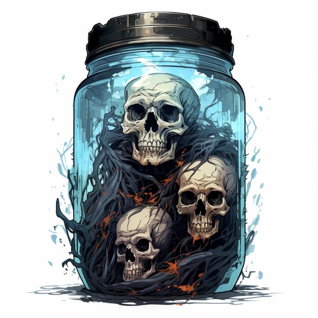 3 つの頭蓋骨が黒い蓋をつけた瓶の中にあります