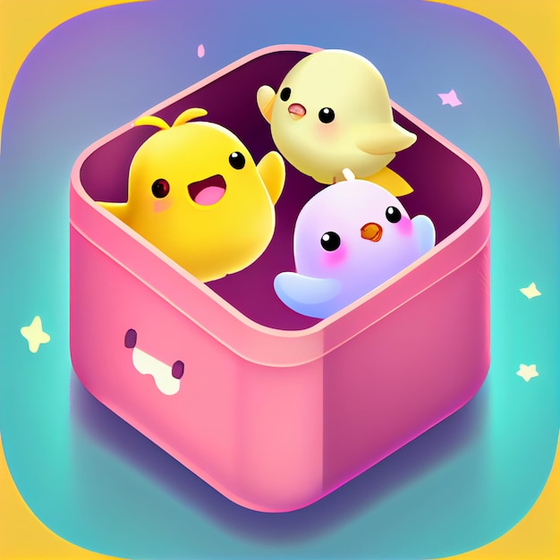 There are three small birds in a pink box with stars generative ai