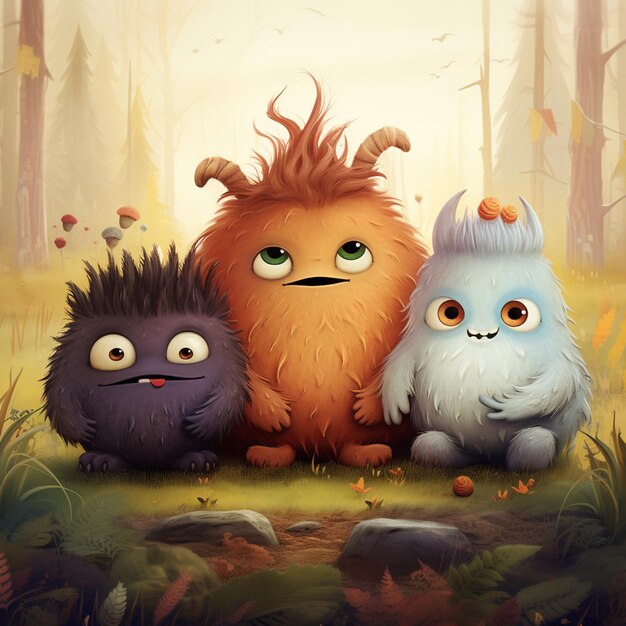 there are three small monsters sitting in the grass together generative ai