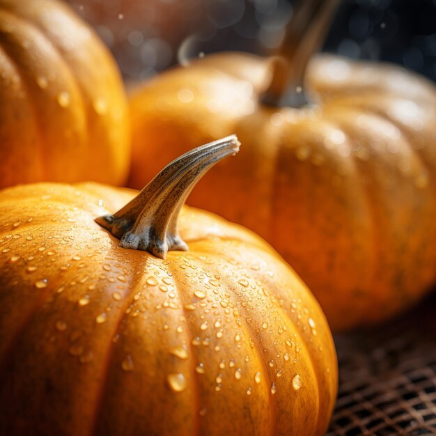 there are three small pumpkins sitting on a table with water droplets generative ai