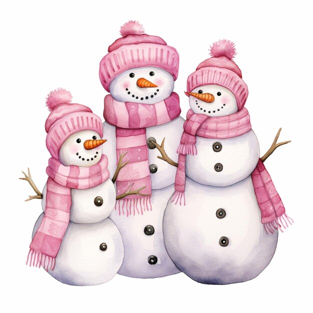 there are three snowmen wearing hats and scarves and scarfs generative ai