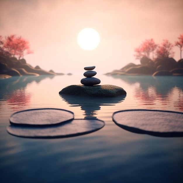 Photo there are three stones stacked on top of each other in the water generative ai