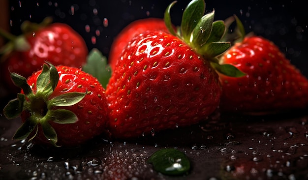 There are three strawberries sitting on a table with water droplets generative ai