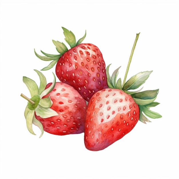 There are three strawberries with green leaves on top of them generative ai