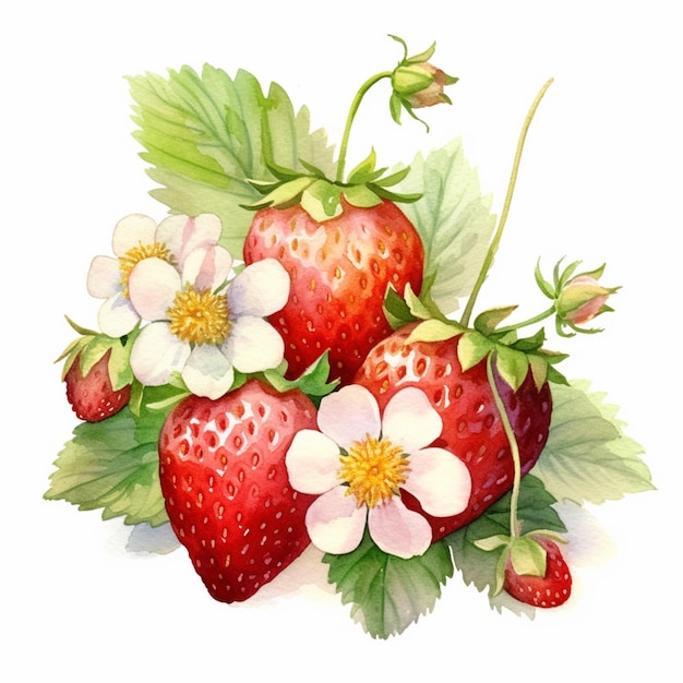 There are three strawberries with leaves and flowers on the top generative ai