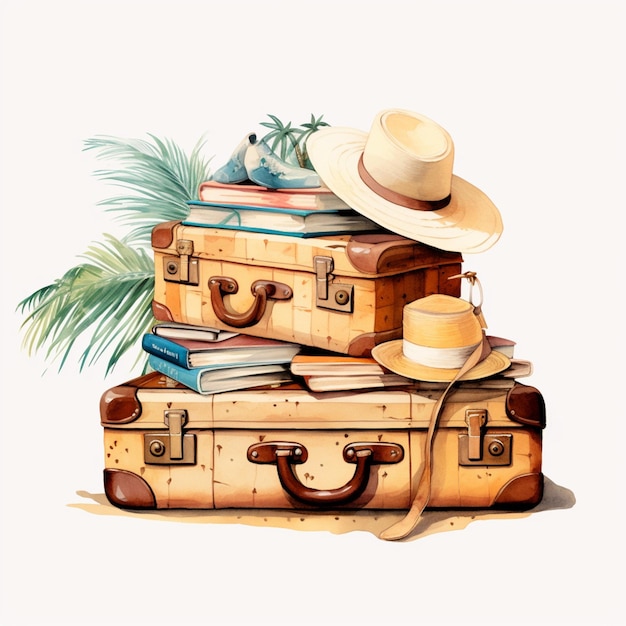 Photo there are three suitcases stacked on top of each other with hats on top generative ai