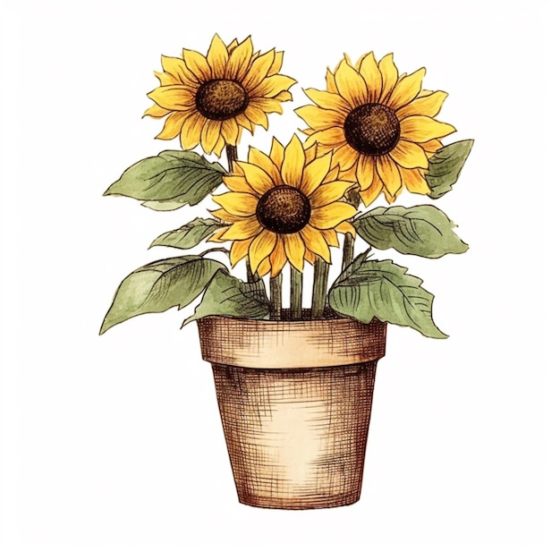 There are three sunflowers in a pot on a table generative ai