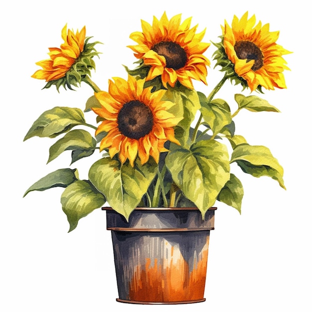 There are three sunflowers in a pot on a white background generative ai