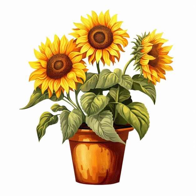 There are three sunflowers in a pot on a white background generative ai