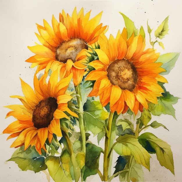 There are three sunflowers that are painted in watercolor generative ai