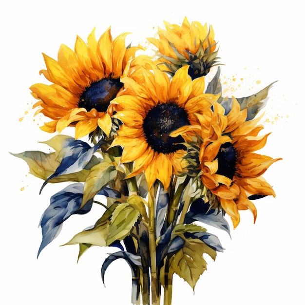 there are three sunflowers in a vase with leaves generative ai