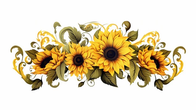 Photo there are three sunflowers with green leaves on a white background generative ai