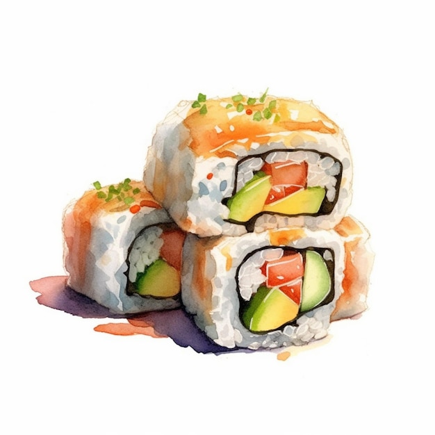 There are three sushi rolls with avocado and salmon on them generative ai