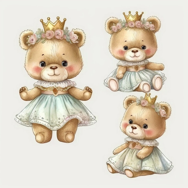 there are three teddy bears dressed in dresses and crowns generative ai