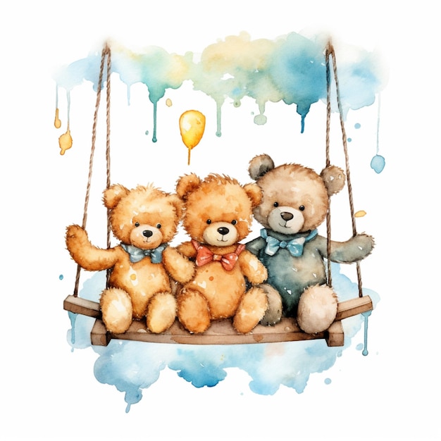 Photo there are three teddy bears sitting on a swing with a balloon generative ai