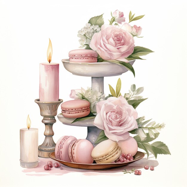 Photo there are three tiered trays with macarons and candles generative ai