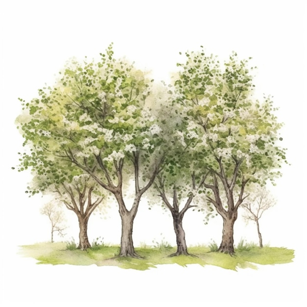 写真 白い背景に水彩で描かれた3本の木があります