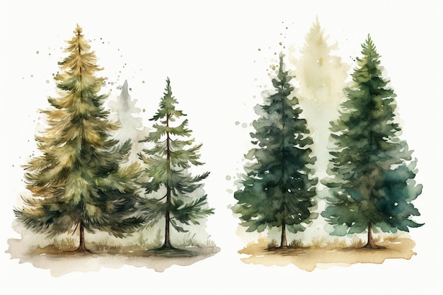 Есть три дерева, которые нарисованы акварелью на белом фоне.