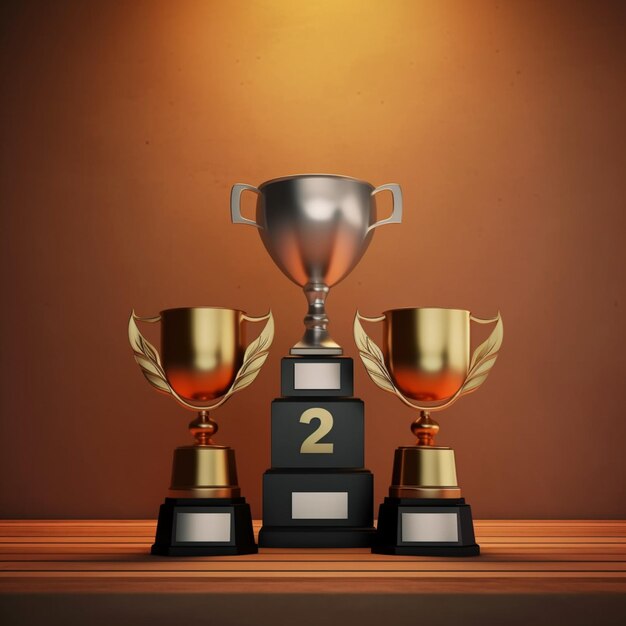 there are three trophies on a table with a brown background generative ai