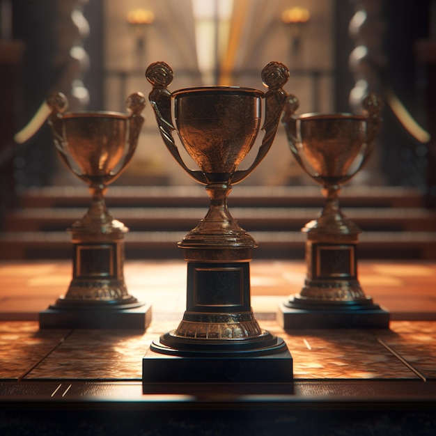 there are three trophies on a table with a cross in the background generative ai