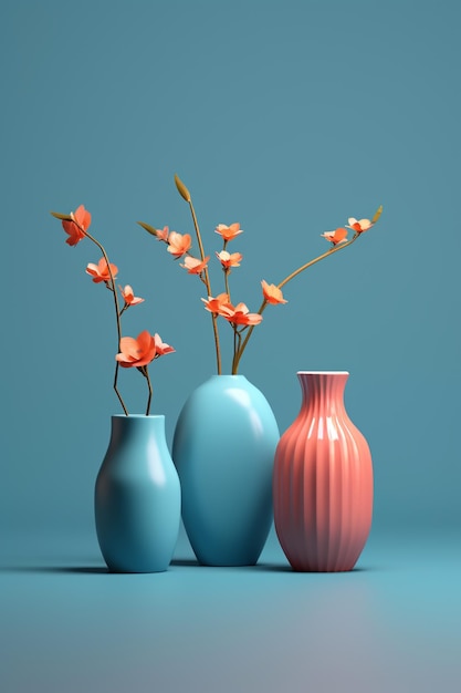 there are three vases with flowers in them on a blue surface generative ai