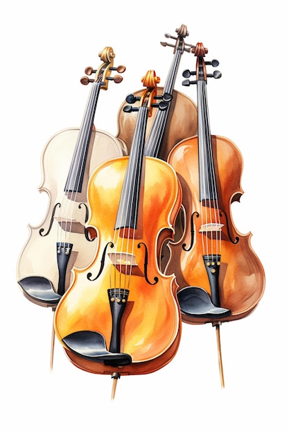 There are three violins sitting on a table with a white background generative ai