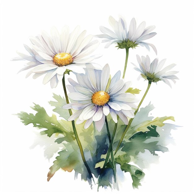 there are three white daisies with green leaves on a white background generative ai