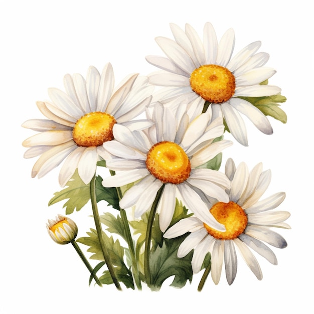 there are three white daisies with yellow centers on a white background generative ai