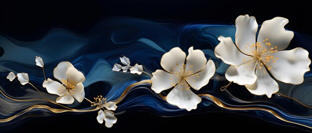 there are three white flowers on a blue and gold background Generative AI