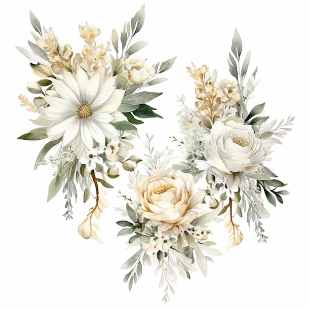 There are three white flowers and leaves on a white background generative ai