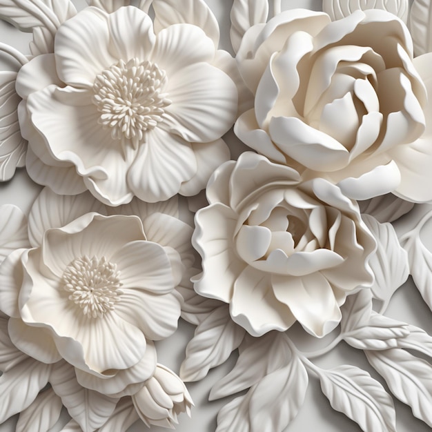 There are three white flowers on a white background with leaves generative ai