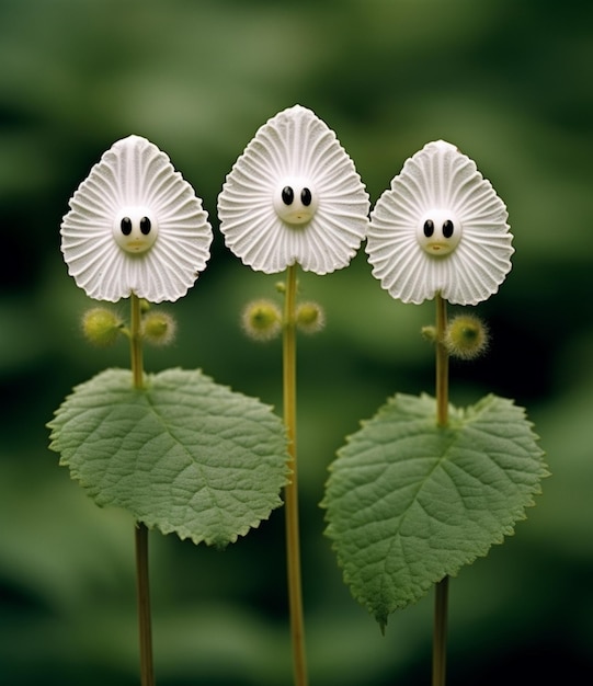 There are three white flowers with faces on them in the grass generative ai