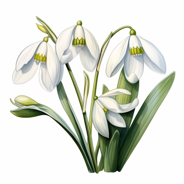 There are three white flowers with green leaves on a white background generative ai