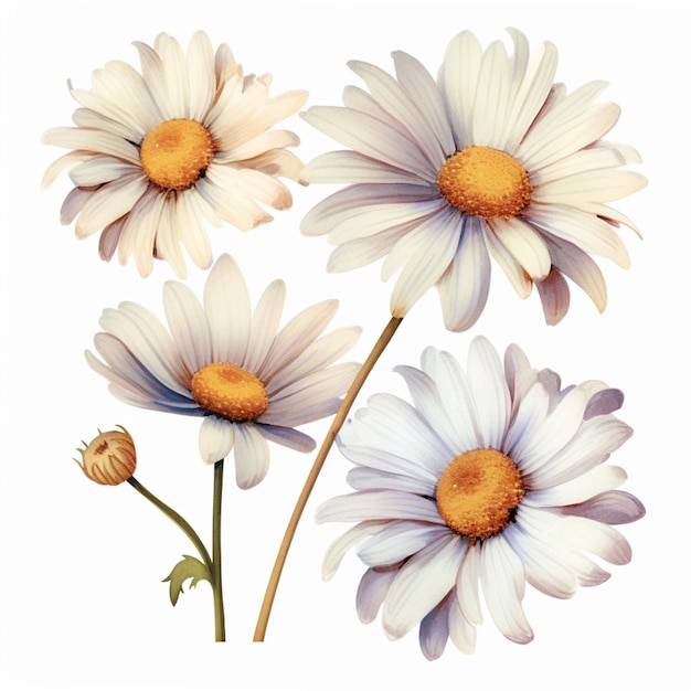 there are three white flowers with yellow centers on a white background generative ai