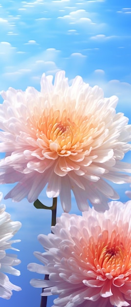 There are three white and pink flowers against a blue sky generative ai