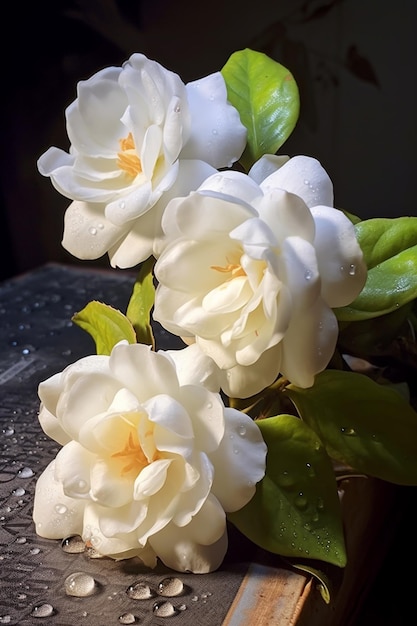 there are three white roses sitting on a book with water droplets generative ai