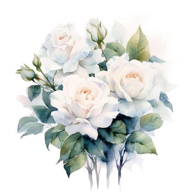 there are three white roses in a vase with green leaves generative ai