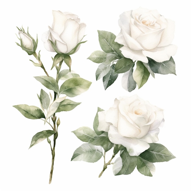 There are three white roses with green leaves on a white background generative ai