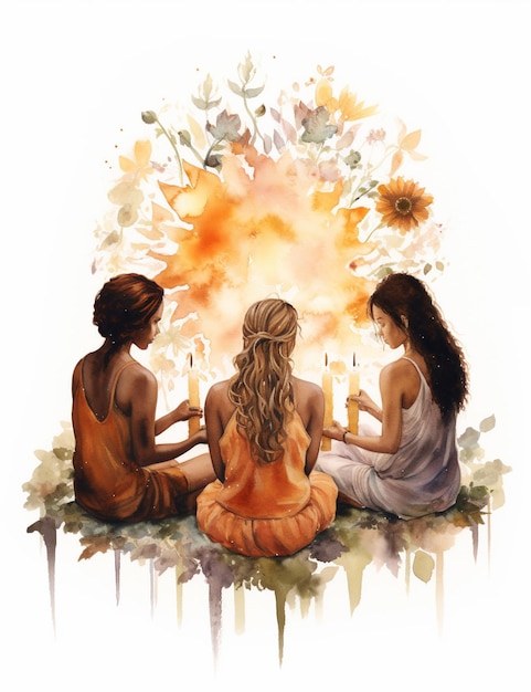 땅에 앉아 있는 세 명의 여성들이  ⁇ 불을  ⁇ 고 있습니다.