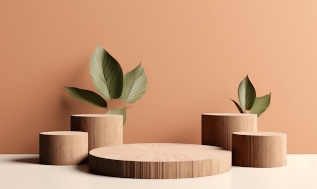 Photo there are three wooden vases with plants in them on a table generative ai